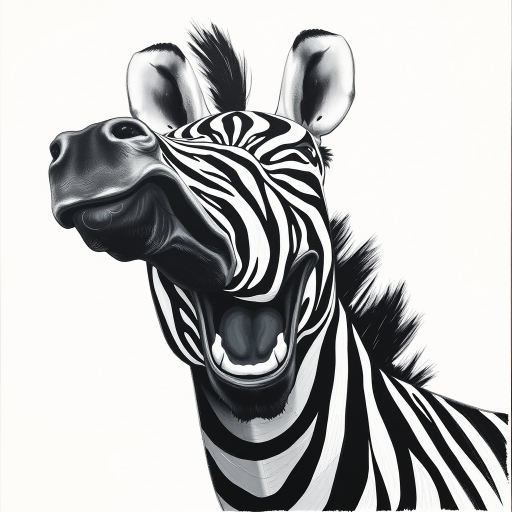 Abstract black and white acrylic portrait of an over exaggerated laughing (zebra). Minimalism style. White background.