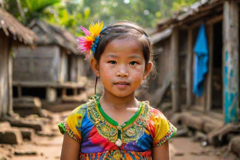 A beautiful Cambodian girl, wearing colorful bird clothing with vibrant colors