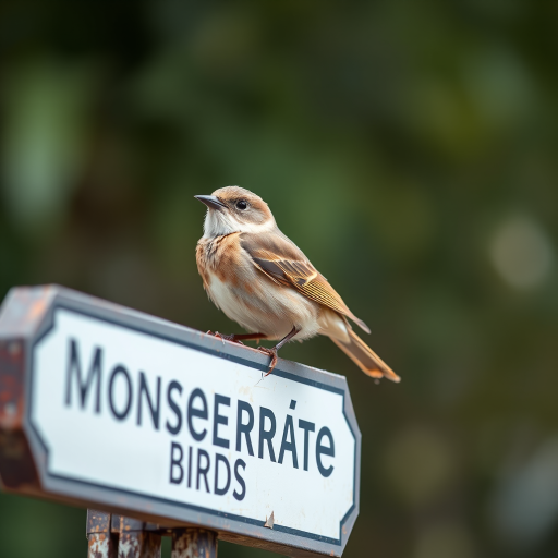 Capture a close-up of a bird perched on a sign for Monserrate Birds, with the background slightly blurred to emphasize the bird, use a Canon EOS R5, 85mm lens, aperture f/2.8, ISO 100, with natural lighting in soft focus.