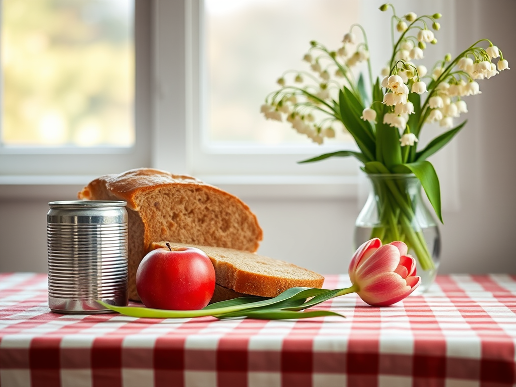 Capture a still life scene featuring a loaf of bread, a can, a red apple, a tulip, and a vase of lilies of the valley on a checkered tablecloth near a window with soft natural light, using a DSLR camera with a 50mm lens, aperture f/1.8, ISO 200, and a shutter speed of 1/200 sec for enhanced depth of field and clarity.