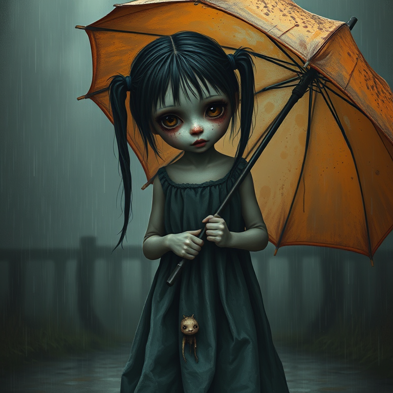An eerie, weird little girl with dark hair in thin pigtails, wearing a smock dress, standing in the rain, holding a dirty orange umbrella, a small, odd creature beside her. In a surreal style inspired by Nicoletta Ceccoli and Brian Froud. Dark fantasy themes
