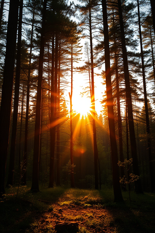 Create a high-resolution image of a serene forest landscape during golden hour with sun rays filtering through the trees, use a DSLR camera at f/8 aperture, ISO 200, 1/60 shutter speed, shot from a low angle with a wide-angle lens to capture depth and detail.