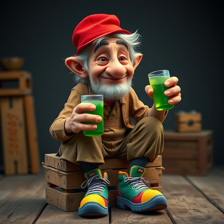 Create a detailed cartoon character of a disheveled old man with a missing arm, sitting on a wooden crate, holding a green drink, wearing a red hat and colorful oversized shoes, captured in a vibrant style, using a Canon EOS R5 with a 50mm lens at f/1.8, ISO 100, and a shallow depth of field for enhanced image quality, in a well-lit studio environment with a softbox.