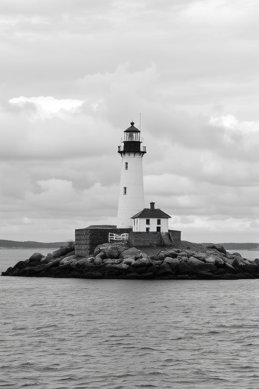 a black and white image of a lighthouse on a rocky island surrounded by calm waters and a cloudy sky