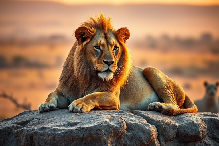 A majestic lion resting on a rocky outcrop at sunrise, with soft, warm lighting and a hazy background of the savannah, captured in ultra-high-definition with a DSLR camera at f/2.8, ISO 100, 1/200 sec, 50mm lens, focused on the lion's face to highlight its features and texture.
