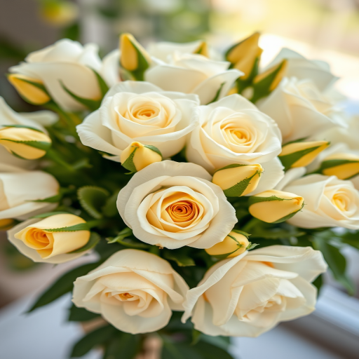 high-resolution image of a bouquet of white roses with yellow buds, shoot with a macro lens at f/2.8, ISO 100, shutter speed 1/250s, natural lighting, soft focus background, vibrant colors, shot from a slightly elevated angle with a DSLR camera