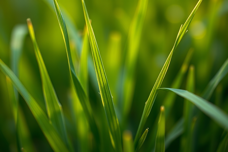 macro shot of a green grass plant with intricate details in a blurred background, f/2.8 aperture, ISO 100, 1/200 sec shutter speed, 50mm lens, soft focus style, DSLR camera