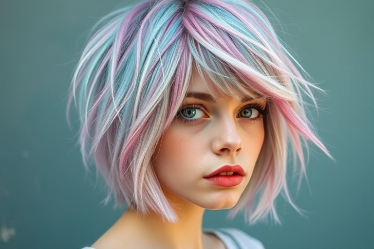Whimsical artist with a tousled, shoulder-length shag haircut featuring choppy layers and a mix of pastel pink and blue streaks