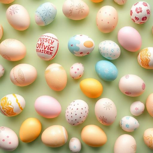 Create a pastel pattern featuring decorated Easter eggs in various colors and designs, set against a light green background, with a soft focus effect, using a DSLR camera set to f/5.6, ISO 200, and a 50mm lens for enhanced clarity and depth of field.