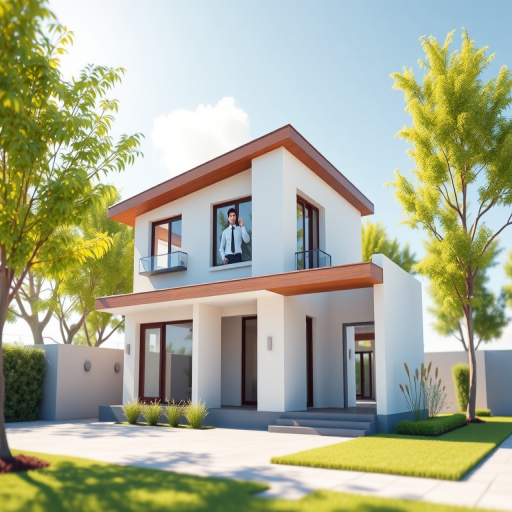 Generate a 3D model of a modern house with a character wearing a tie, in a bright and sunny atmosphere, using a DSLR camera with a 50mm lens, aperture set to f/1.8, ISO 100, at a 45-degree angle view, in a photorealistic style.