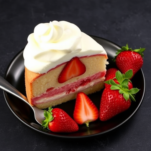 A slice of strawberry cake on a black plate topped with whipped cream and fresh strawberries next to it, with a silver fork on the side, showcasing a dark textured background.