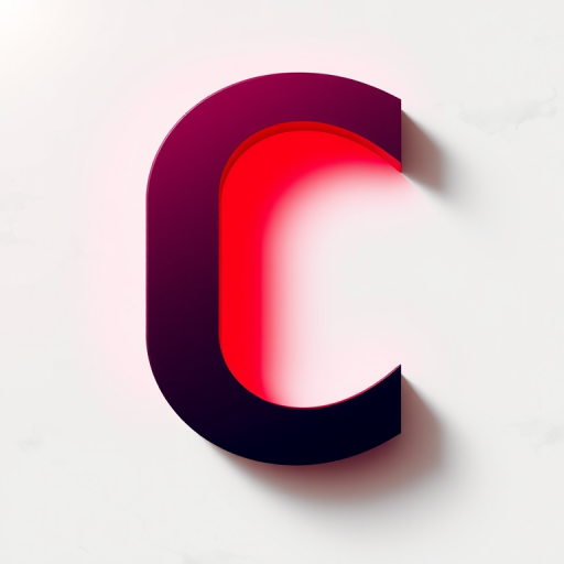 Create a high-resolution digital rendering of a stylized letter "C" with a gradient from dark purple to red, using a Canon EOS R5 camera at f/2.8, ISO 100, and a 50mm lens, in an overhead view with soft lighting to enhance colors and details.