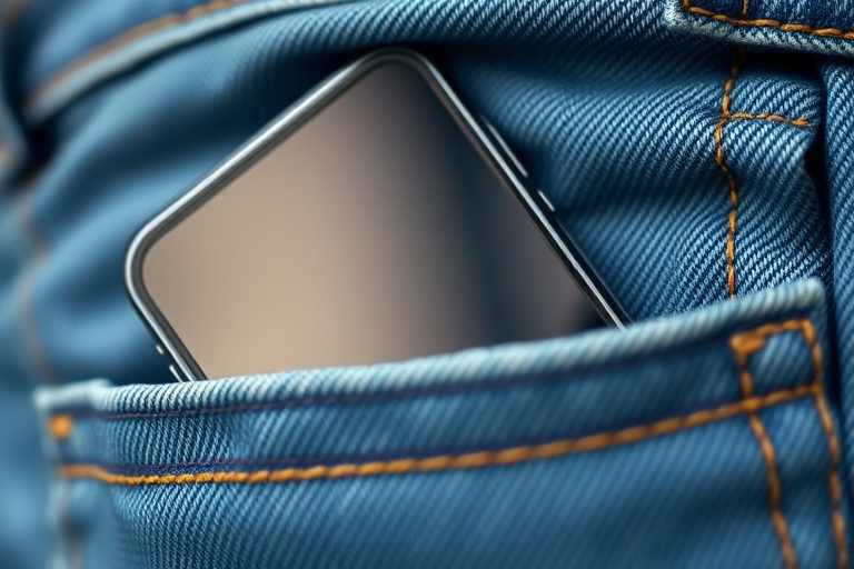 close-up photograph of a smartphone in a denim pocket, macro view, f/2.8 aperture, 1/60 shutter speed, ISO 100, natural lighting, DSLR camera