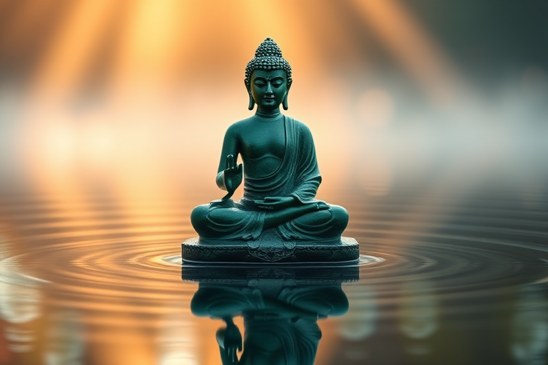 Create an image of a green Buddha statue sitting in a serene pose on a reflective water surface, with soft glowing light beams in the background, capture with a DSLR camera, aperture f/2.8, ISO 100, shutter speed 1/60s, wide-angle lens, from a low angle perspective to enhance depth and focus on the statue.
