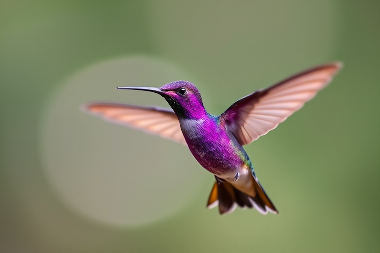 Create a high-resolution image of a purple hummingbird in flight against a soft blurred background, using a Canon EOS 5D Mark IV with a 50mm f/1.2 lens, aperture set to f/2.8, ISO 100, and a shutter speed of 1/2000s.