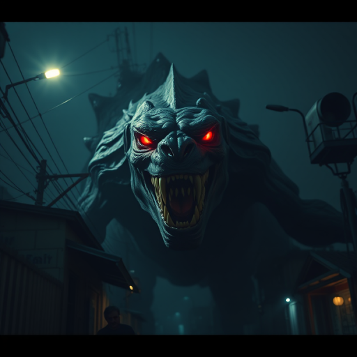 create a high-resolution image of a giant monster with glowing red eyes and sharp teeth looming over a shadowy street at night, shot with a Canon EOS R5, 24mm lens, f/1.4 aperture, ISO 100, 1/60s shutter speed, in low light with dramatic lighting and high contrast to enhance details and depth.