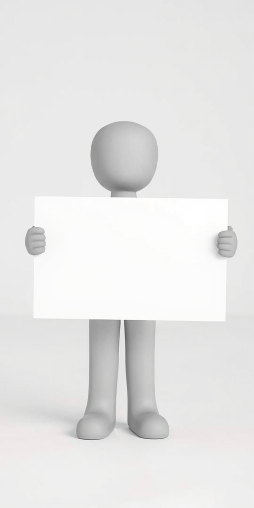 Generate an image of a 3D gray stick figure holding a blank white sign, use a Canon EOS R5 camera with a 50mm lens at f/2.8, ISO 100, a soft diffused lighting setup, and a focus on a clean white background to enhance image quality.
