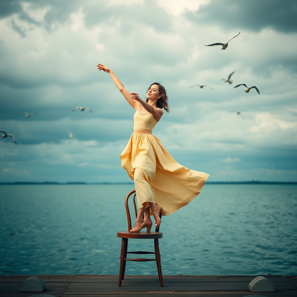 Regenerate an image of a dancer in a vintage outfit standing on a chair by the water, with a cloudy sky and birds flying in the background, using a DSLR camera with a 50mm lens, aperture f/1.8, ISO 100, 1/200s shutter speed, in portrait orientation.