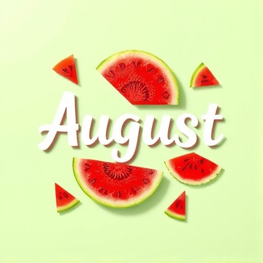Create a vibrant summer-themed illustration featuring stylized watermelon slices on a light green background with the word "August" prominently displayed, using a DSLR camera with a bright aperture of f/2.8, ISO 100, a 50mm lens, and a top-down view to enhance the colors and details.