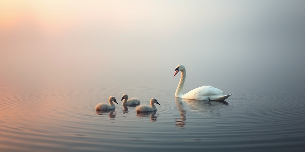 Create a serene landscape of a misty lake featuring a white swan and four cygnets swimming gracefully, with soft pastel tones and gentle ripples on the water, captured with a Canon EOS 5D Mark IV at f/4, ISO 100, shutter speed 1/200s, landscape view at dawn for enhanced image quality.
