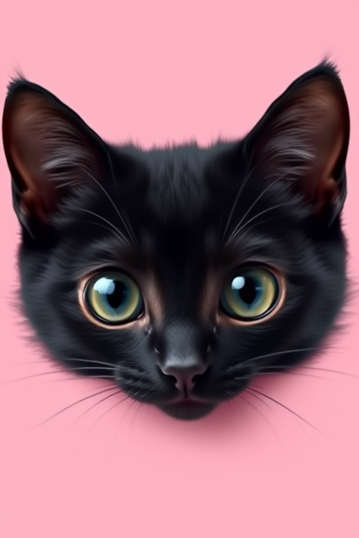 Create an image of a cute black cat peeking from the bottom with large expressive eyes against a solid pastel pink background. The focus should be on the cat's face and ears with minimal distractions in the background.