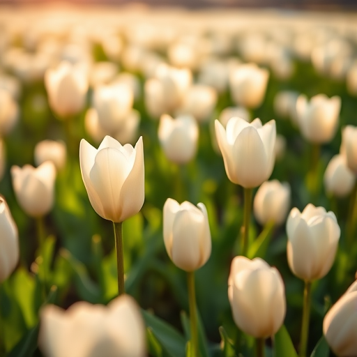 white tulips field in full bloom with soft sunlight, aperture f/2.8, shutter speed 1/200 sec, ISO 100, macro lens, shallow depth of field, taken with a DSLR camera