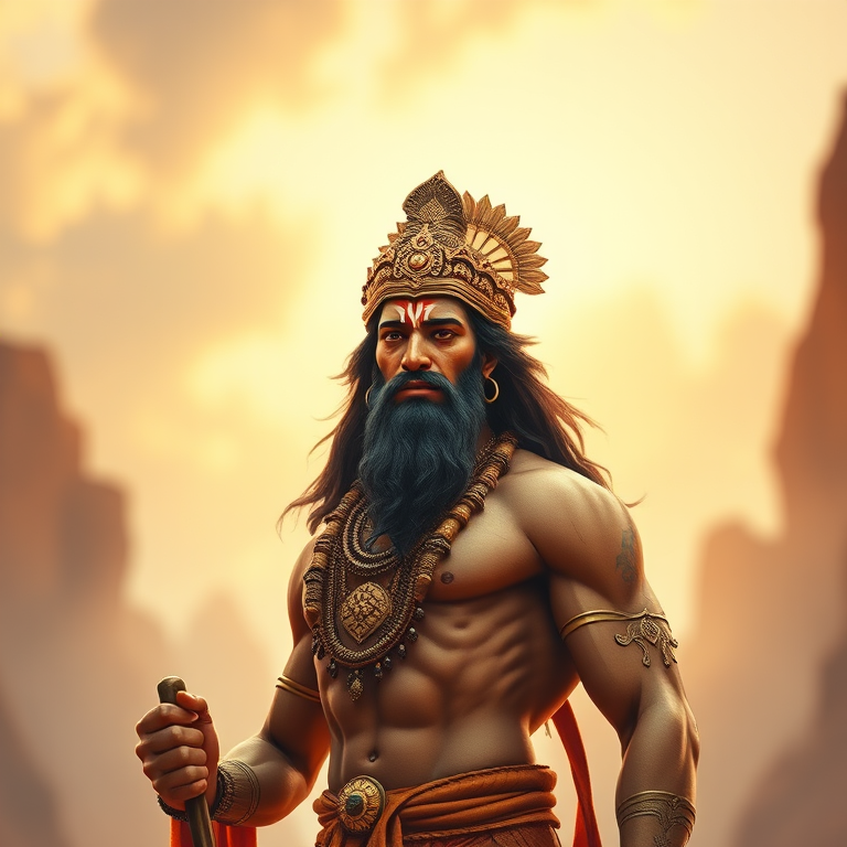 Create a highly detailed illustration of Hanuman, showcasing his muscular physique and divine attributes, captured with a 50mm lens at f/1.8 to achieve a shallow depth of field, in a warm golden hour light setting, using a DSLR camera for enhanced image quality.