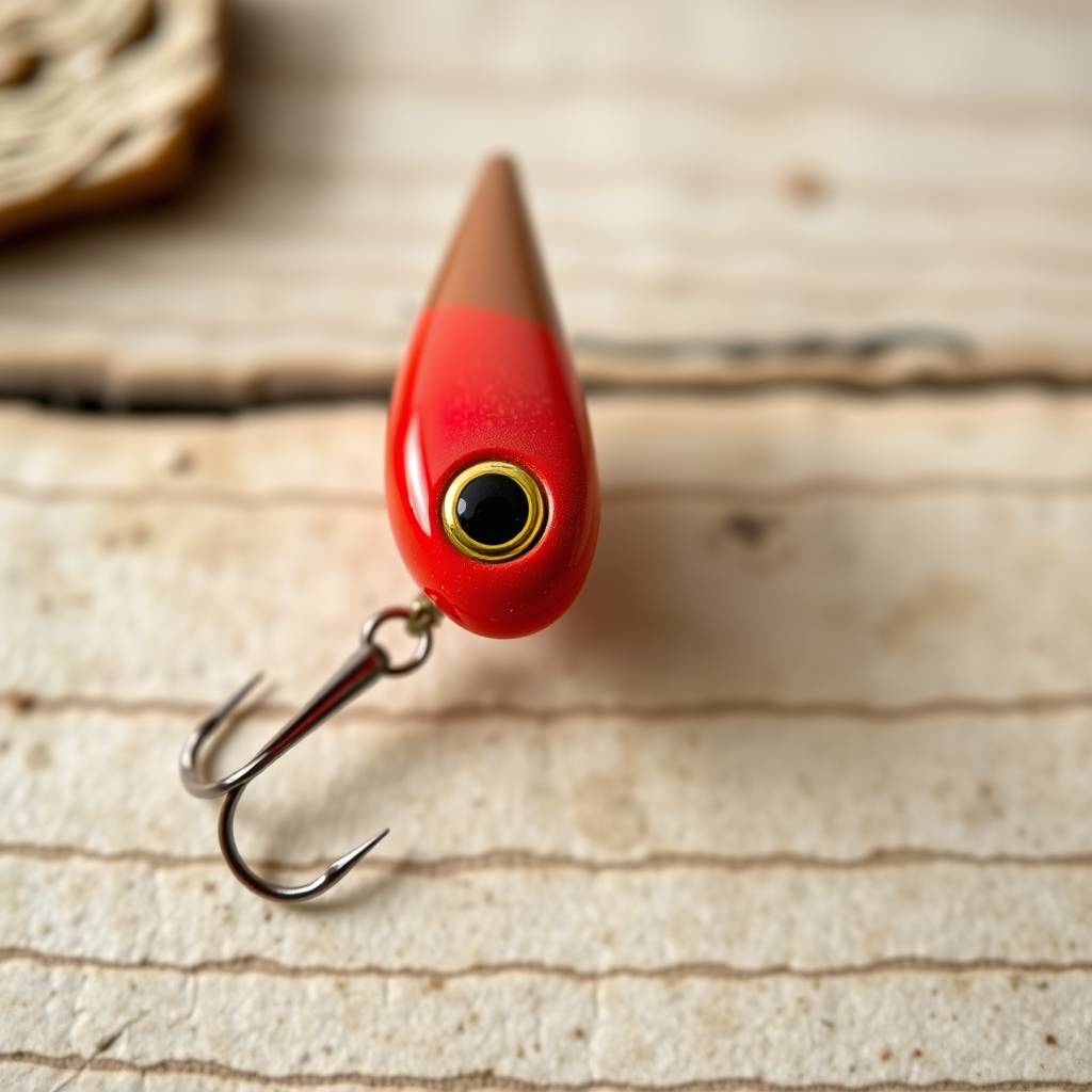Create a high-resolution image of a red fishing lure from a top-down perspective, using a DSLR camera with a 50mm lens at f/1.8, ISO 100, and a shutter speed of 1/250s for crisp details and vibrant colors.