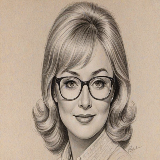 Graceful Shirley Jones, pencil sketch, portrait of Alluring woman 1972s in glasses, hair style beatnik, outline, clear lines, fine lines, 8k