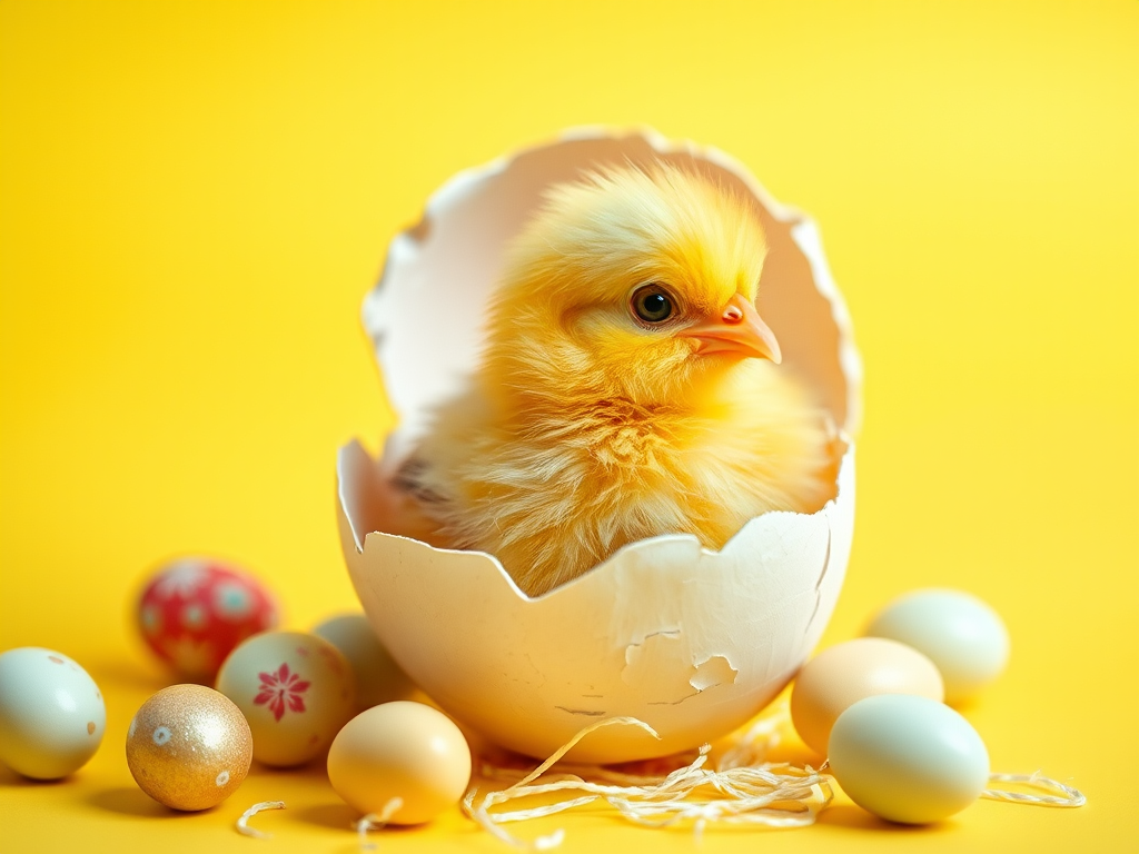 a fluffy yellow chick emerging from a cracked eggshell on a bright yellow background with small decorated eggs around it, taken with a Canon EOS R5, 50mm lens, f/1.8 aperture, 1/200s shutter speed, ISO 100, soft focus style