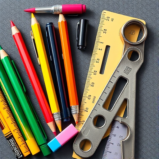 Create a high-resolution illustration of an arrangement of school supplies including a pencil, pen, sharpener, eraser, compass, and ruler, captured with a DSLR camera at f/2.8 aperture, 50mm lens, natural light, shallow depth of field, with vibrant colors and clear details.