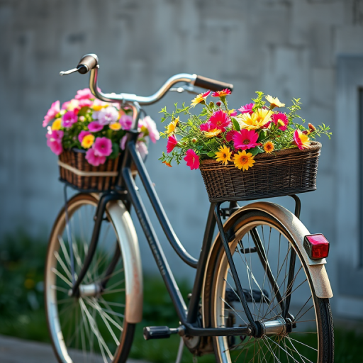 vintage bicycle with flower baskets, natural lighting, shallow depth of field, f/2.8 aperture, 50mm lens, DSLR camera, soft focus background, high resolution, vibrant colors