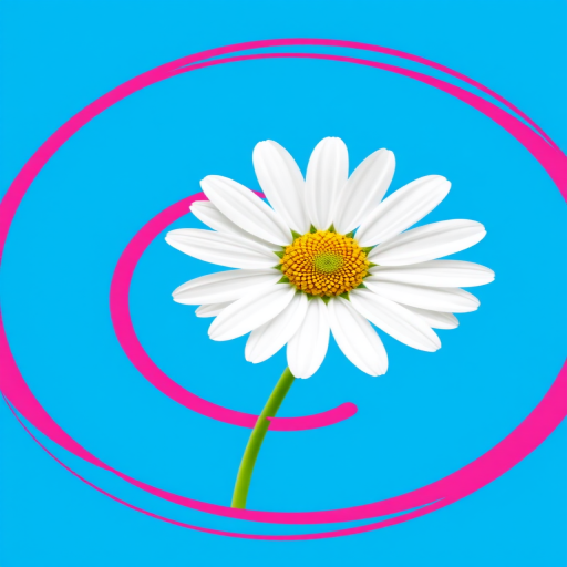 Generate a vibrant illustration of a white daisy with a yellow center on a solid blue background, surrounded by a circular pink border, including an artistic spiral design; camera settings: f/8 aperture, ISO 100, shutter speed 1/125s; camera view: close-up; camera style: bright and colorful; camera type: digital illustration.