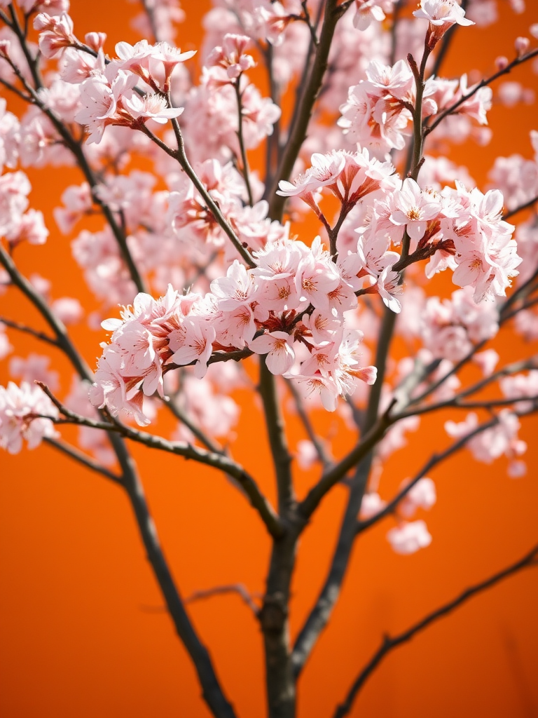 photograph of a cherry blossom tree with pink flowers against an orange backdrop, shallow depth of field, ISO 100, f/2.8, 50mm lens, natural lighting, DSLR camera, taken from a low angle to capture the full height of the tree.