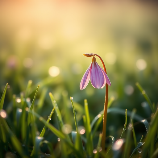 Capture a close-up of a single pink fritillaria flower in a dew-covered grassy field during soft morning light, using a Canon EOS R5 with a 100mm f/2.8 macro lens, aperture set to f/2.8, shutter speed 1/200 sec, ISO 100, in a shallow depth of field style for enhanced focus on the flower and a soft bokeh background.