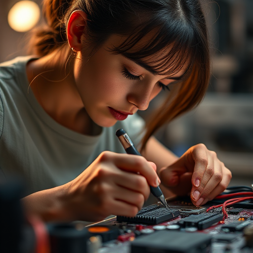 Regenerate an image of a woman working on electronics with a focus on her soldering skills, shallow depth of field, using a Canon EOS R5, aperture f/2.8, ISO 100, 85mm lens, soft studio lighting for enhanced detail and clarity.