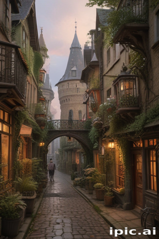 Charming Cobblestone Street with Towering Castle in a Quaint Village
