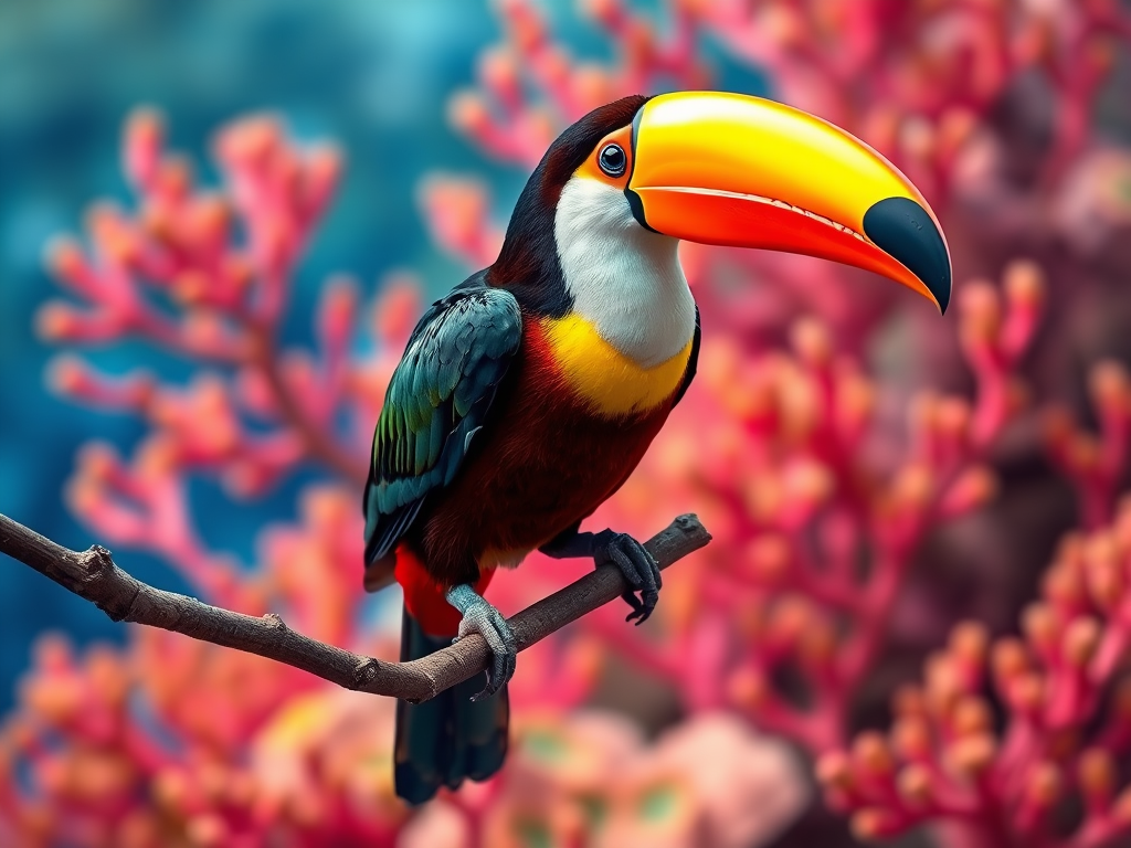 create a vibrant illustration of a toucan perched on a branch against a coral background using a Canon EOS 5D Mark IV with a 50mm lens, aperture set to f/2.8, ISO 100, and a shallow depth of field for enhanced detail and clarity