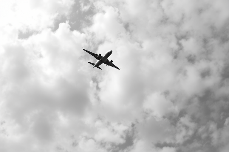 high-contrast black and white photograph of an airplane flying overhead against a cloudy sky, taken from a low angle with a wide-angle lens, aperture f/8, ISO 200, shutter speed 1/500s, DSLR camera
