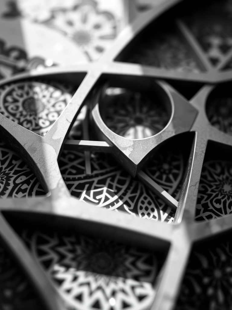 Create an abstract geometric design featuring intricate patterns and a monochromatic color scheme, captured with a Canon EOS R5, 50mm lens, f/1.8 aperture, ISO 100, in a close-up shot with natural light to enhance details and texture.