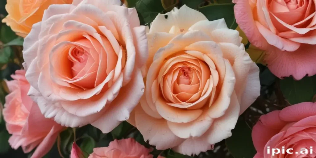 Beautiful Bouquet of Soft Peach Roses in Full Bloom Against Green Leaves
