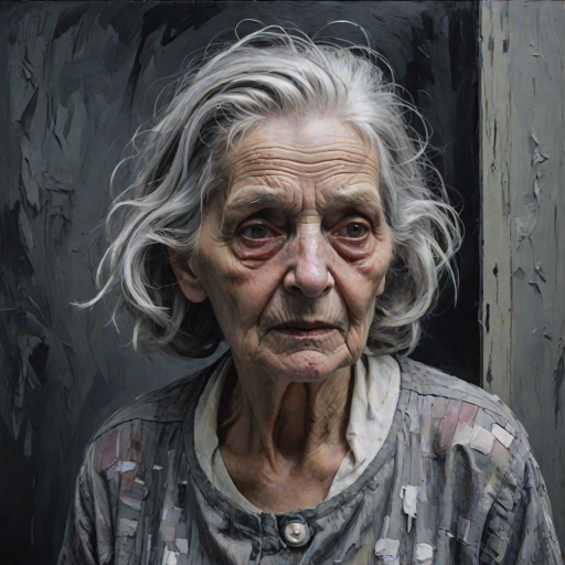 Final exit party. Dark Moody impasto dark picture edges. old woman. grey untidy hair streaked with white and pastel muted colours. include whole head and neck and shoulders. death lurks in the background.