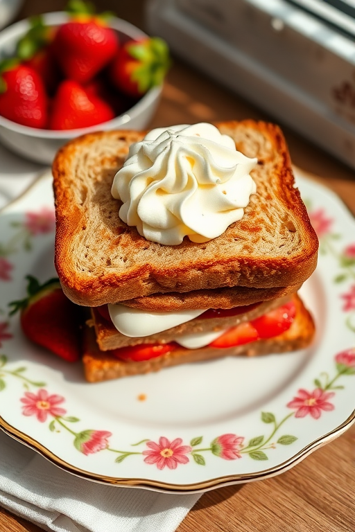 Create a delicious dessert image featuring a layered sandwich with fresh strawberries and whipped cream on a decorative plate, captured with a 50mm lens at f/2.8, with soft natural lighting and a shallow depth of field, using a DSLR camera from a top-down view.