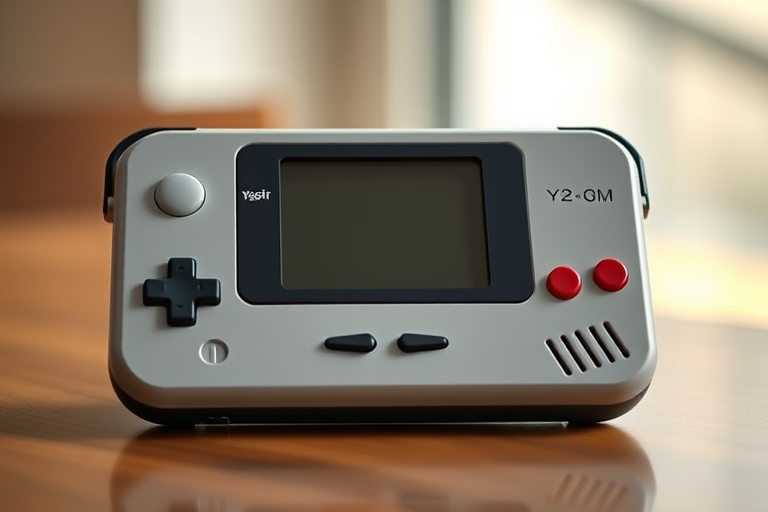 Generate a high-resolution image of a retro handheld gaming device resembling a classic game console, using a DSLR camera with a 50mm lens, aperture set to f/2.8, ISO 100, and soft natural lighting to capture details and colors accurately.