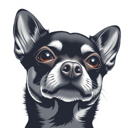 Create a detailed, high-contrast illustration of a Chihuahua's face with sharp lines and textures, shot using a Canon EOS R5 at f/8, 50mm lens, with a slight vignette effect to enhance focus on the subject and a white background for contrast.