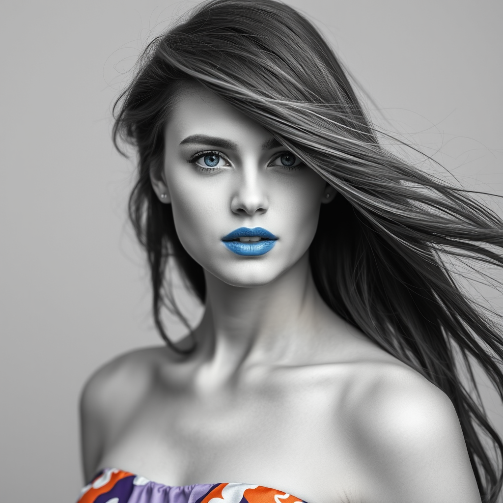 Photographic image of a beautiful young Mizrahi woman, cyan eyes, lips with cyan lipstick, long hair fluttering in the wind and wearing a silk strapless dress with a soft purple and orange print. monochrome image with only color highlights in the iris of the eyes, lipstick and dress. Gray background.