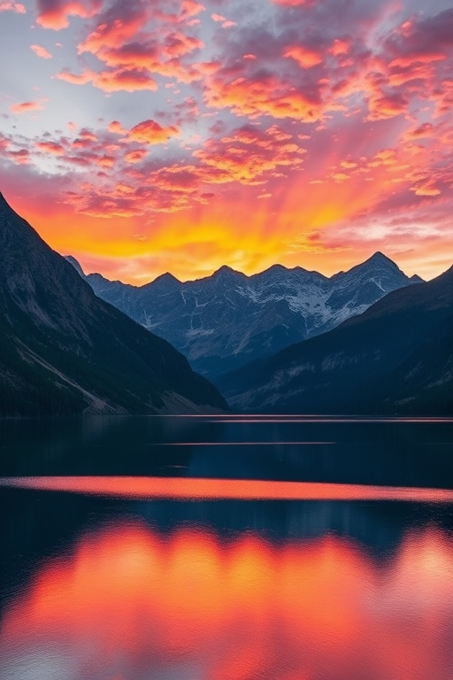 A high-resolution image of a serene landscape featuring a calm lake surrounded by mountains at sunset, with vibrant colors in the sky, shot with a Canon EOS 5D Mark IV, 35mm lens, aperture f/8, ISO 100, and a slight HDR effect for enhanced detail and contrast.