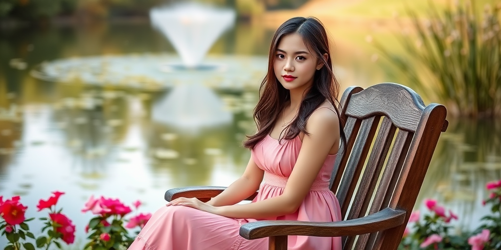 Generate a portrait of a young woman in a pink dress sitting on a wooden chair by a serene pond, surrounded by flowers, soft afternoon light, aperture f/2.8, ISO 100, 85mm lens, shot with a DSLR camera, shallow depth of field for a dreamy effect.