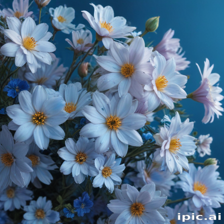 A Beautiful Bouquet of Delicate Flowers Against a Soft Blue Background.