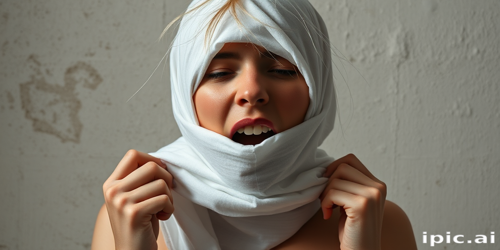 Create a close-up photographic image of the head and torso of a person with light skin tones shown against an old, worn wall. Their head is wrapped in a white cloth covering (i.e.... parts of the head except the nose and mouth, which are open as if they are screaming...), with a slight texture and visible folds in the fabric. Thin strands of blonde hair escape from the wrapping above, falling lightly at the top and sides. Their hands hold the fabric as if they are tugging nervously. The lighting is dramatic and even, casting strong shadows. The image has a minimalist and surreal style with an emphasis on simplicity with soft color tones. The composition is centered.